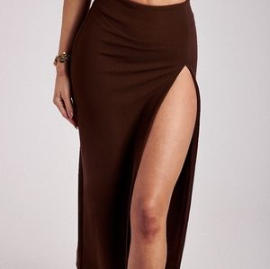 Arla High Waist Thigh Split Crepe Maxi Skirt - Chocolate